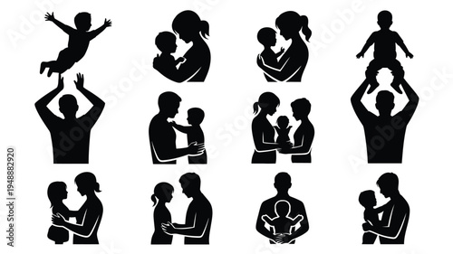 Silhouette vector graphics of parents and children in various loving poses and activities