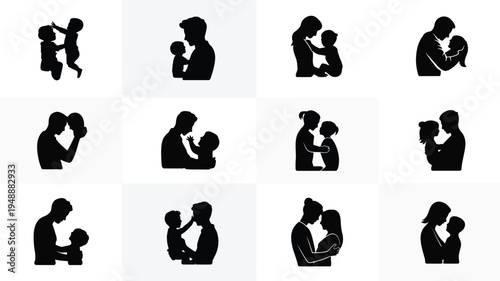 Collection of minimalist black silhouettes of parents and children in various loving poses and interactions