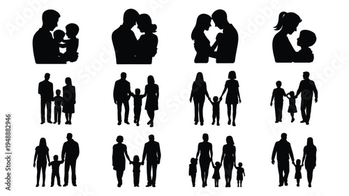 Collection of black silhouette icons depicting various family relationships and interactions on white background