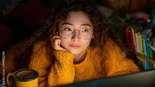 Young woman in cozy sweater gazing thoughtfully at computer screen while sipping coffee at night