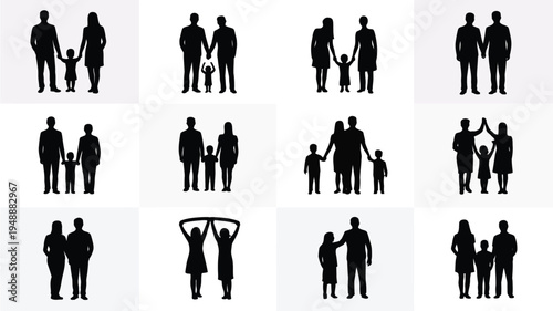 Collection of black silhouettes depicting diverse family relationships and interactions in various poses