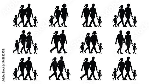 Vector graphic of black silhouettes of adults walking with children on white background family and parenting concept