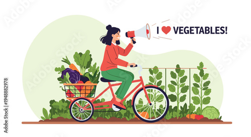 Woman on a red bicycle carrying a basket full of fresh vegetables and announcing her love for veggies with a megaphone.