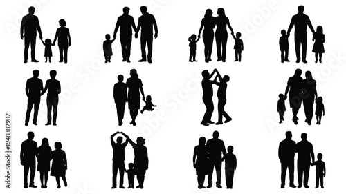 Graphic design featuring 12 distinct black silhouettes of diverse family units and relationships on white background
