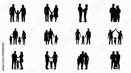 Collection of black silhouettes of people family and relationships diverse poses on white background for design use