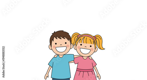 Happy young boy and girl standing together as best friends with their arms around each other on a plain white background.