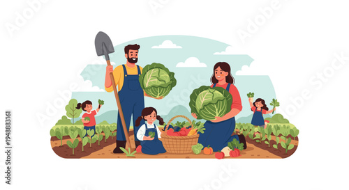 Happy family working together in their farm garden harvesting large cabbages and putting various vegetables into a basket.