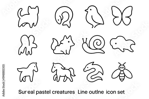 Surreal Pastel Creatures Grid. Surreal pastel creatures. Line outline icon set of Surreal pastel creatures: