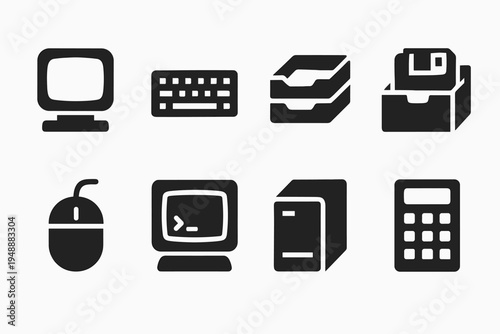 80s Workstation Icons. 80s workstation setups. Filled icon set of 80s workstation setups: CRT workstation