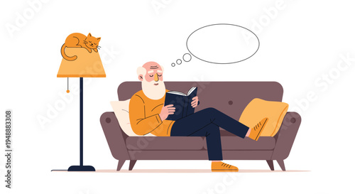 Senior man with a white beard relaxing on a sofa while reading a book and having a thought bubble in a cozy home setting.