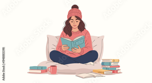 Young woman wearing a pink hat and sweater sitting on a bean bag chair and reading a book surrounded by stacks of novels.