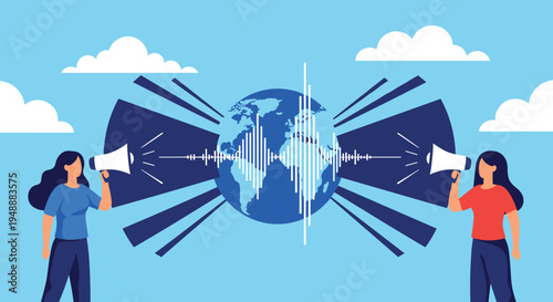 Two women using megaphones to broadcast messages across the globe represented by a world map and sound waves in the center.