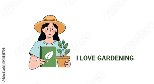 Smiling woman wearing a sun hat holding a gardening book and a potted plant to express her passion for organic gardening.