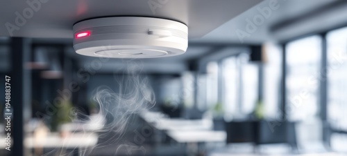 The smoke detector flashing red as smoke drifts through a modern office space