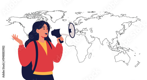 Young woman with a backpack holding a megaphone and shouting a message in front of a simple outline map of the entire world.