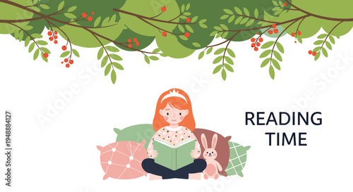 Little girl wearing a crown headband sitting on cushions and reading a book under a tree with red berries in a quiet park.