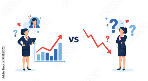 Comparison between two businesswomen showing one with a rising profit chart and another with a falling arrow for statistics.