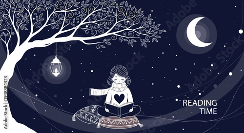 Girl sitting under a decorative tree at night and reading a book by the light of a lantern with a crescent moon in the sky.