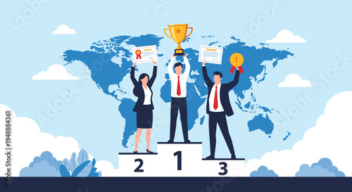 Three successful business people standing on a winners podium celebrating their victory with a trophy and certificates map.