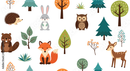 Seamless pattern with cute woodland animals like a fox owl rabbit hedgehog and beaver among various forest trees and plants.