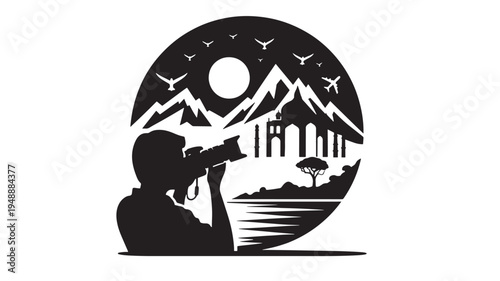 Photographer capturing iconic landmarks and natural beauty in a scenic vista of mountains, Taj Mahal, and a lone tree.