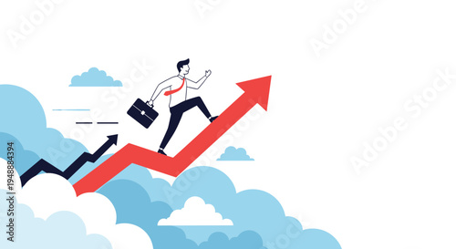 Ambitious businessman with a briefcase running up a large red rising arrow towards success above a bed of fluffy white clouds.