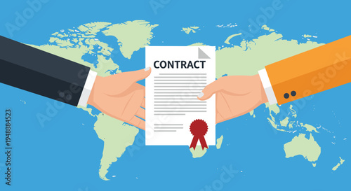 Hands of two business partners holding a formal contract document with a red seal against a background map of the world.