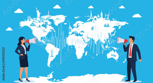 Man and woman in business suits using megaphones to communicate across a world map containing landmarks from many countries.