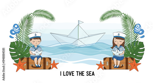 Boy and girl dressed in sailor outfits sitting on suitcases and folding paper boats on a beach with tropical palm leaves.