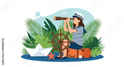 Girl dressed as a sailor sitting on a suitcase with a telescope surrounded by tropical leaves and a white paper boat.