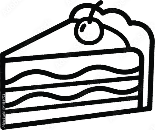 Delicious slice of cherry cake with cream layers icon in line art style for bakery menu isolated on transparent decor
