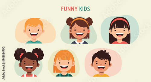 Portrait collection of six diverse and smiling children showing happiness and friendship under the text funny kids.