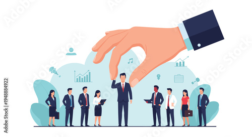Giant corporate hand selecting one businessman from a group of diverse professional employees for a special role.