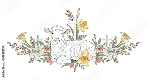 Serene Lamb Surrounded by Spring Flowers and Multiple Christian Crosses, Isolated White Background.