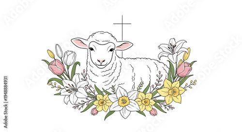 Gentle Lamb Lying Among Spring Flowers and Christian Cross, Isolated White Background.