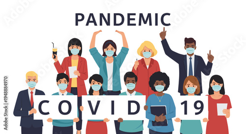 Group of diverse people wearing face masks and holding signs spelling covid 19 during a global pandemic situation.
