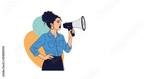 Empowered woman with curly hair shouting into a megaphone against a vibrant abstract background with organic shapes.