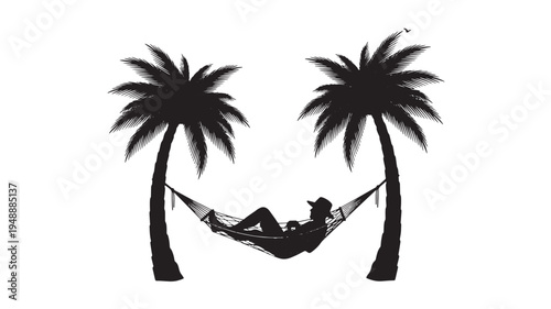 Silhouette of a person wearing a hat relaxing in a hammock strung between two palm trees featuring relaxation, beach, vacation with travel and summer