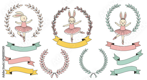 Collection of sweet bunny ballerina characters in floral wreaths with decorative ribbons and laurel frame elements.