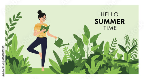 Young woman reading a book while watering plants in a lush green garden setting under the summer time sun.