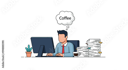 Overworked businessman at his computer desk dreaming of a cup of coffee while surrounded by piles of paperwork.