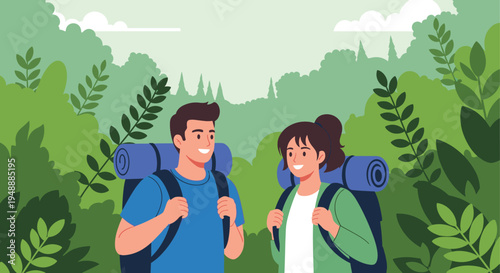 Young couple with backpacks hiking together through a dense green forest during a summer outdoor adventure trip.
