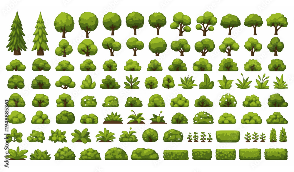Fototapeta premium Big cartoon trees bushes and plants vector set stylized foliage nature collection