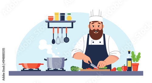 Happy male chef with a beard chopping fresh vegetables in a professional kitchen with various cooking tools and pots.