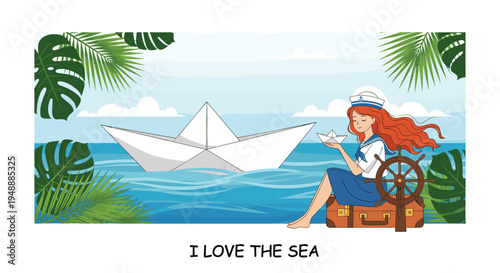 Young girl in a sailor dress sitting on a suitcase by the sea holding a paper boat with a larger one in the water.