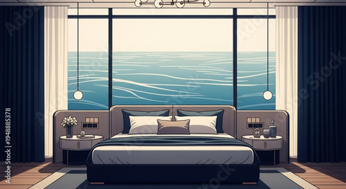 Modern bedroom with ocean view comfortable bed and stylish interior design