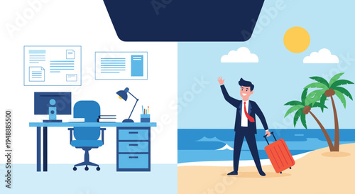Split screen concept comparing a modern empty office workstation with a businessman enjoying his summer holiday on a sunny beach.