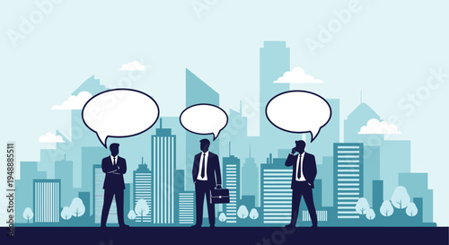 Silhouettes of professional businessmen standing against a city skyline with empty speech bubbles for corporate communication.