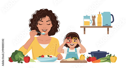 Mother and daughter enjoy eating a healthy meal together while playing with fresh vegetable slices in a bright kitchen setting.
