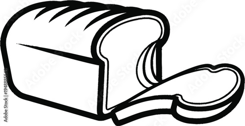 Loaf of bread with one slice removed outline drawing, baked grain, crusty texture, rustic food
